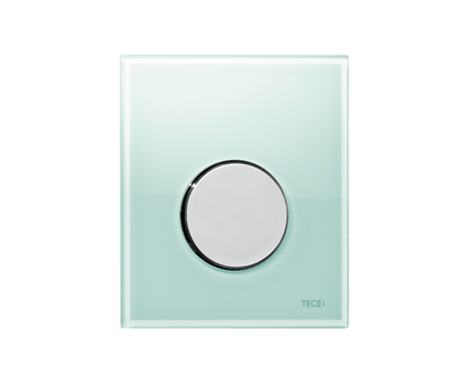 Urinal-Betätigungsplatte Loop mit grünem Glas und Tasten aus poliertem Chrom