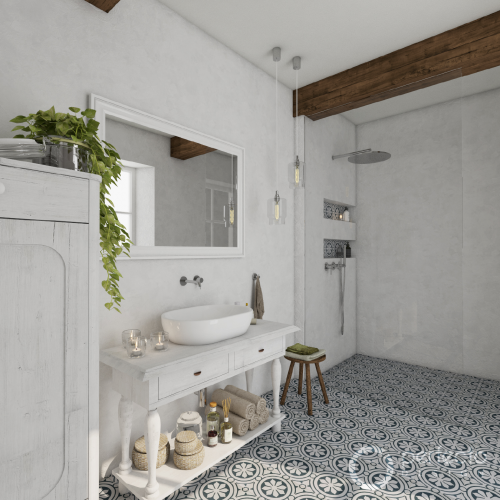 Retro Badezimmer WIEN - Pohled na umyvadlo a sprchu